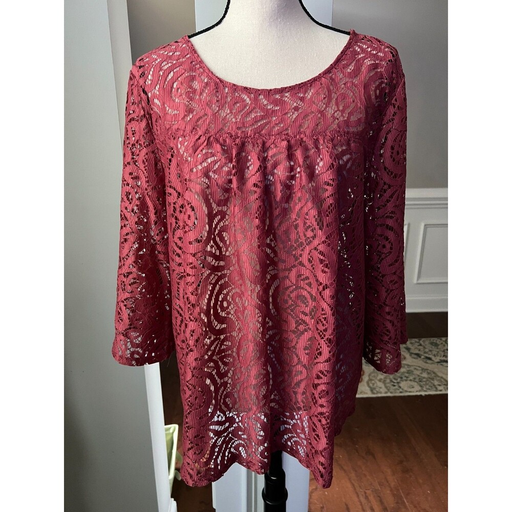 LOFT Outlet Lace Top Women's Large Mauve 3/4 Sleeve Boho Feminine Nylon Sheer